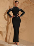 Elegant Women's Light Luxury Hot Diamond Bandage Dress O-neck Long Sleeve Hollow Design Bodycon Black Long Dresses Vestidos black