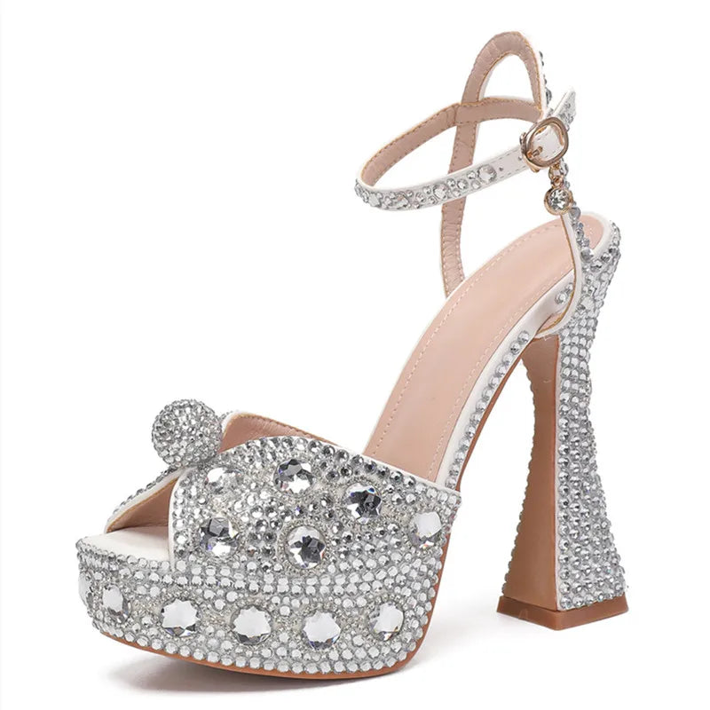 Luxury Handmade Full Rhinestones Peep toe Women Sandals Fashion Crystal Platform Wedges High heels Summer Wedding Sandals Shoes Silver