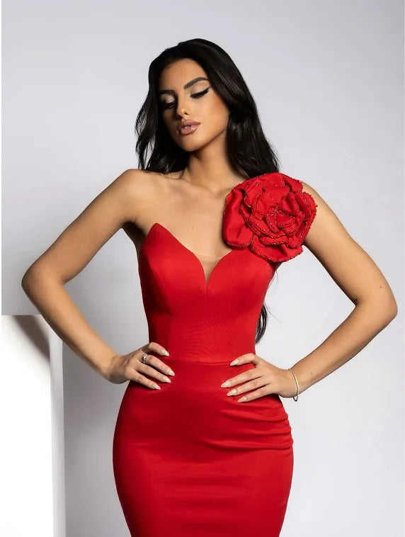 Red Color Women Sexy One Shoulder Shinning Sequins Florals Bodycon Long Dress Fashion Celebrate Wedding Party Dress Vestido Red