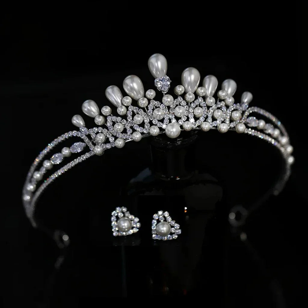 Crystal Pearl Tiaras and Crowns Set Zirconia Diadem For Bride Princess Queen Headband Bridal Hair Jewelry Wedding Accessories