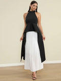 Elegant Women's Loose pleated Long Dress with Stand up Collar and Sleeveless Black and White Dress Fashion Banquet Vestidos