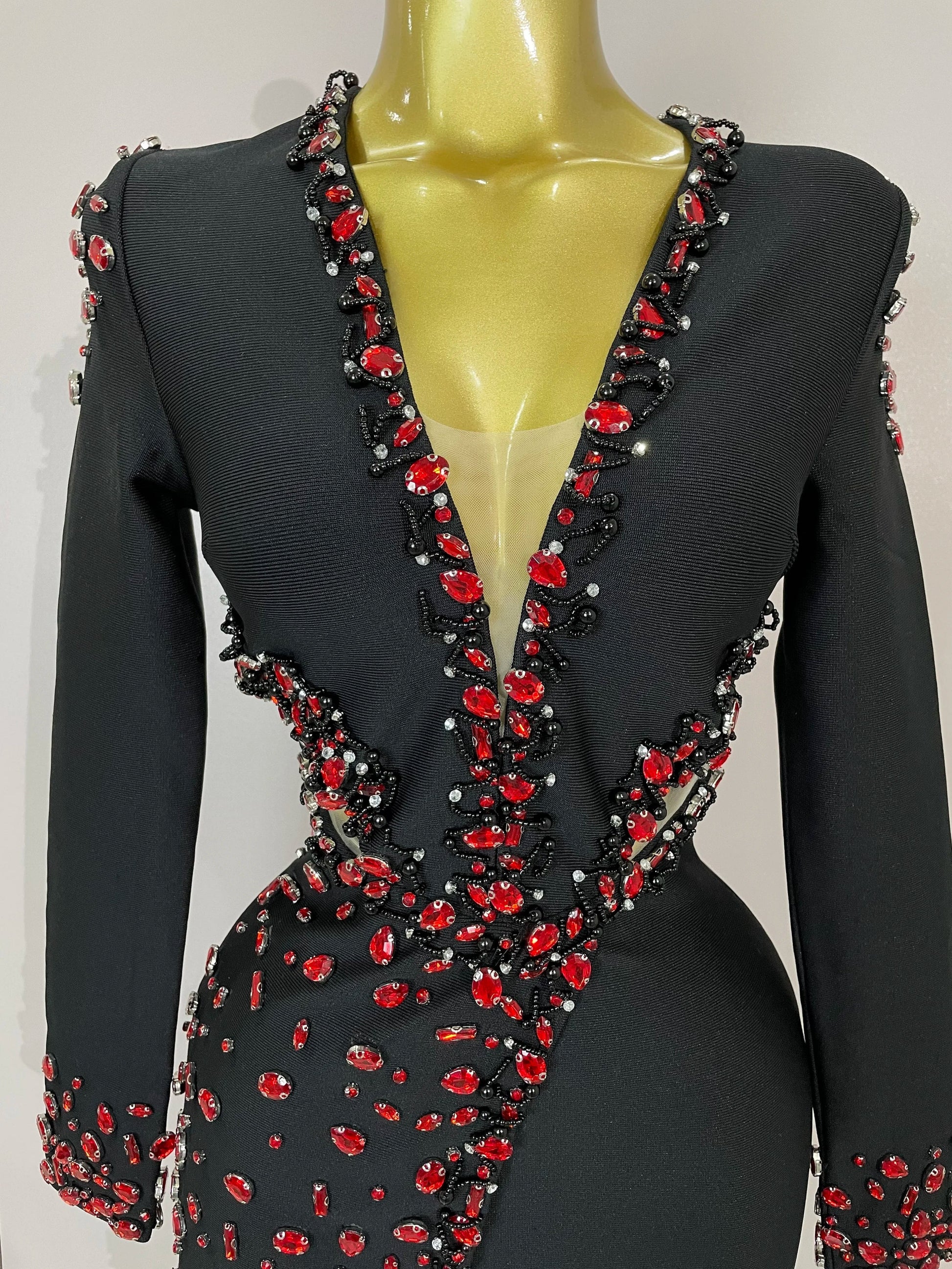 Women Celebrity Sexy Long Sleeve V Neck Rhinestone Black Bandage Dress Elegant Evening Club Luxury Birthday Party Dresses