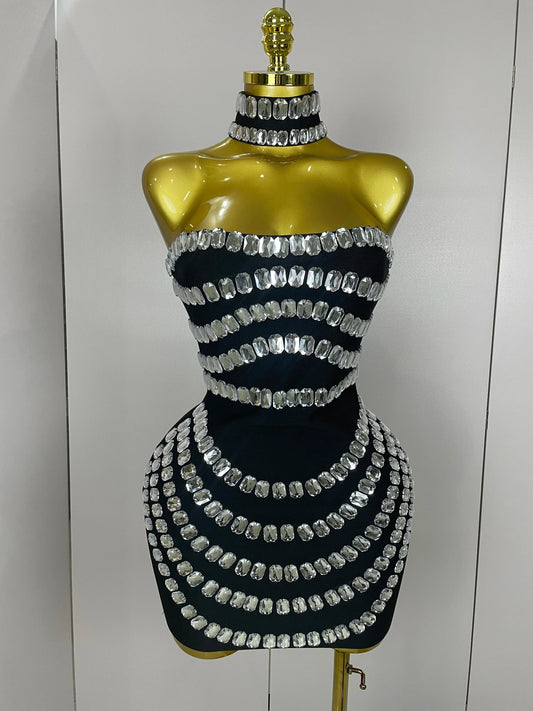 Women Sparkly Rhinestones Bodycon Strapless Mini Bandage Dress Backless Fashion Evening Party Club Luxury Birthday Dresses black