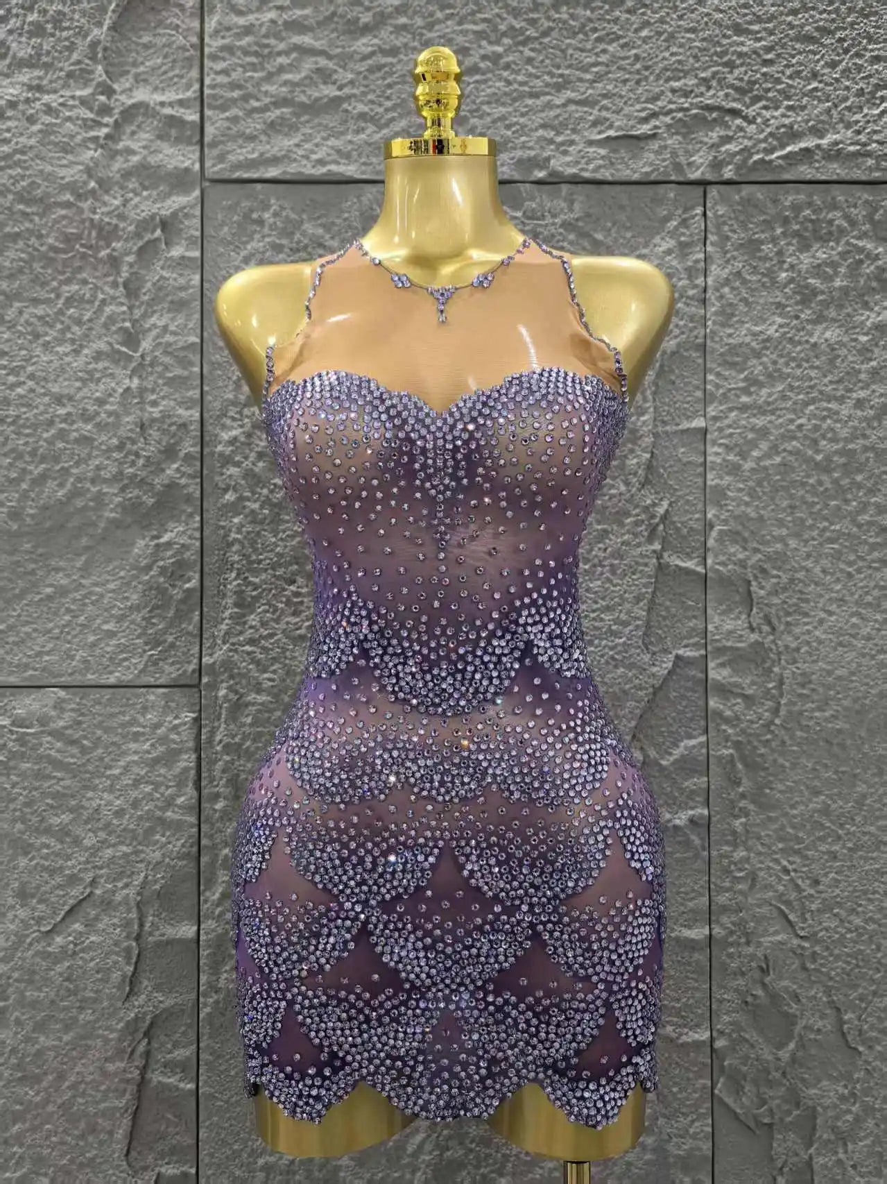 Purple Color Women Sexy Sleeveless Shinning Dimonds Bodycon Mini Dress Mesh See Through Celebrate Birthday Party Stage Wear Lavender