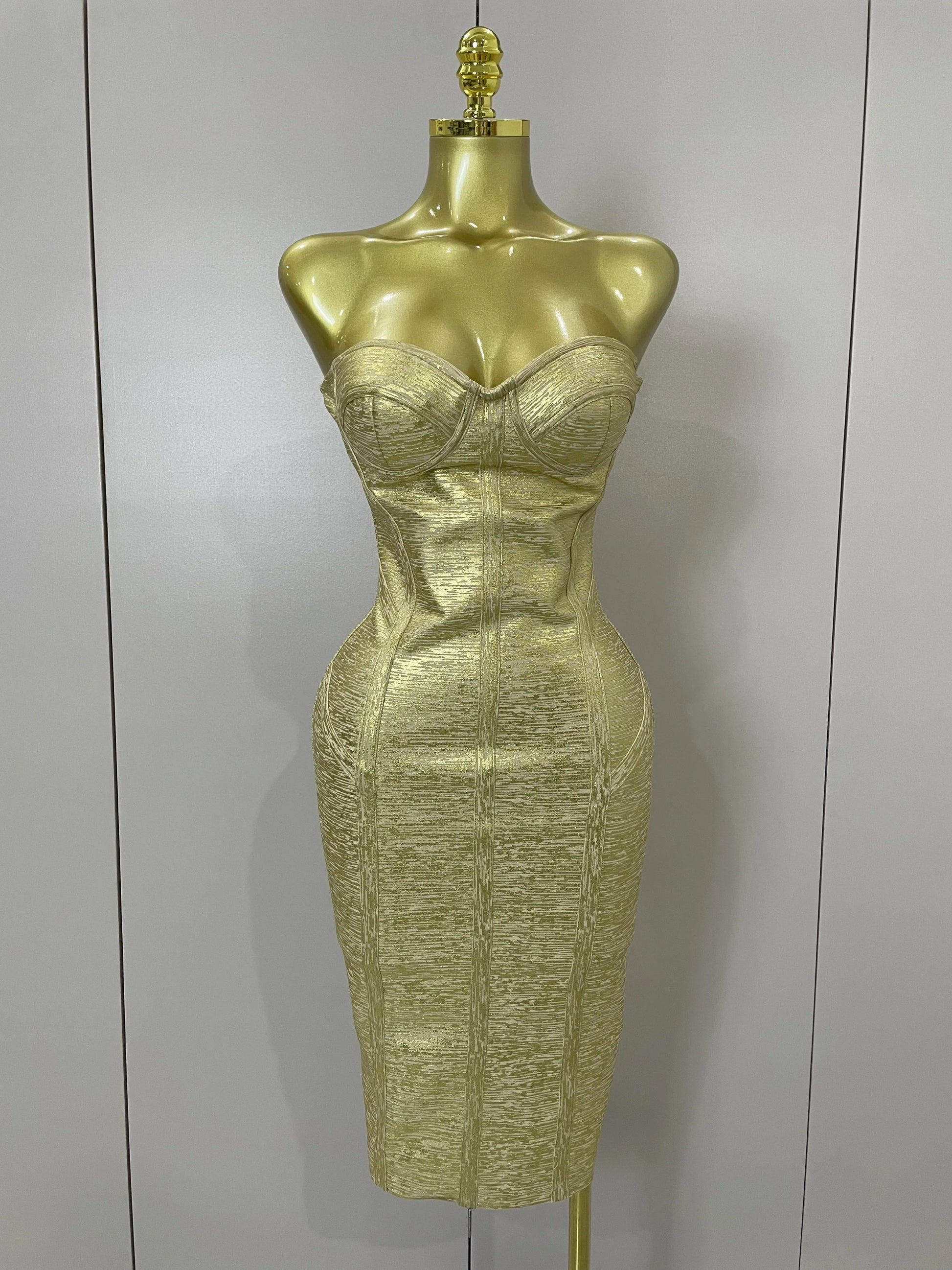 Sexy Strapless Gold Black Foil Color Bodycon Bandage Dress Women Fashion Celebrate Evening Party Luxury Birthday Dresses Gold