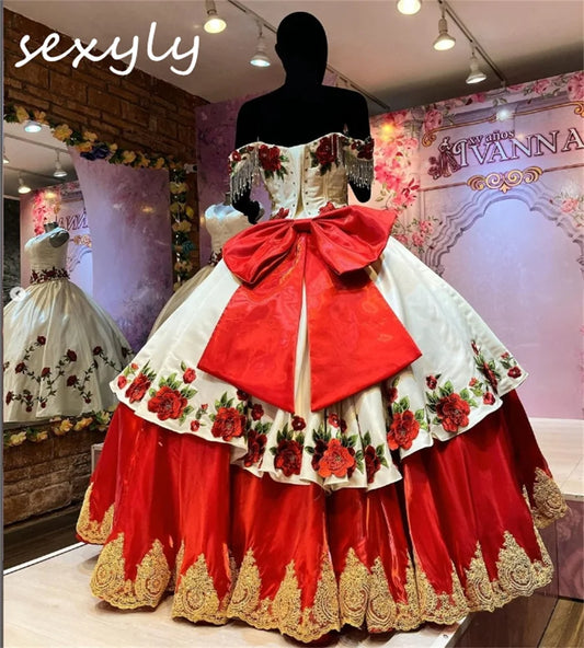 White And Red Charro Quinceanera Dresses With 3D Florals Off Shoulder Tassel Appliques Mexican Vestido De 15 Años Customized