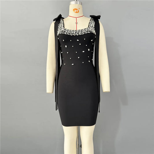 Black Color Women Sleeveless Square Collar Shinning Crystal Bodycon Mini Bandage Dress Nightclub Party Celebrate Birthday Wear