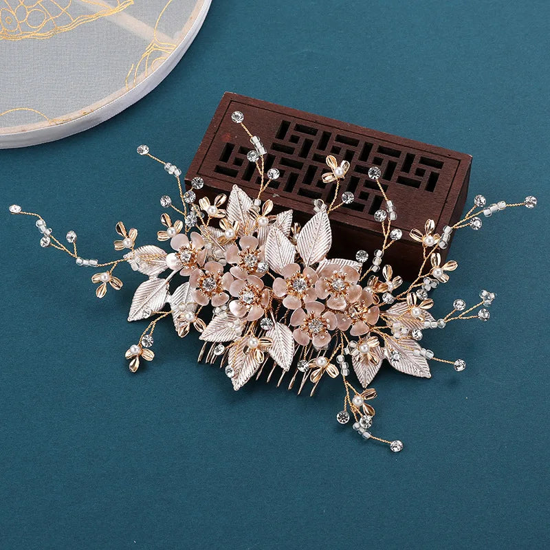 Wedding Accessories Flower Hair Comb Pin Clip Rhinestones Crystal Head Pieces Bride Women Gold Color Leaf Hairpin Bridal Jewelry