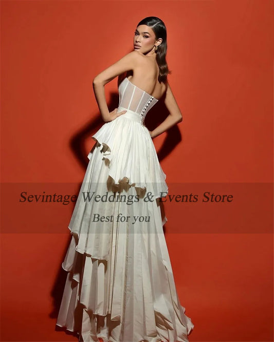 Elegant Ivory A-Line Prom Dress Satin Crumpled Strapless Tiered Floor Length Princess Evening Dress vestido de gala