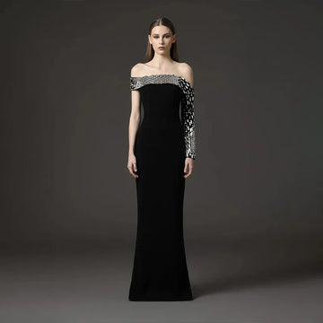 Women Sexy One Shoulder Sparkly Crystal Bodycon Long Bandage Dress Evening Party Red Carpet Fashion Outfit Vestido