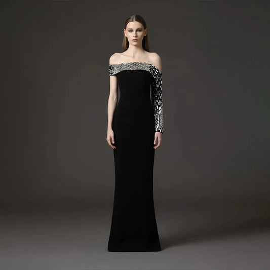 Women Sexy One Shoulder Sparkly Crystal Bodycon Long Bandage Dress Evening Party Red Carpet Fashion Outfit Vestido