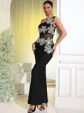 Sexy Women's Light Luxury Flower Set Diamond Design Bandage Dress One Shoulder Sleeveless Bodycon Patchwork Long Dresses