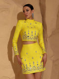 Women Heavy Industry Hot diamond Suit Short Skirt Set with Stand Collar Long Sleeve Hoodie Short Top+Mini Skirt Two Piece Set Yellow