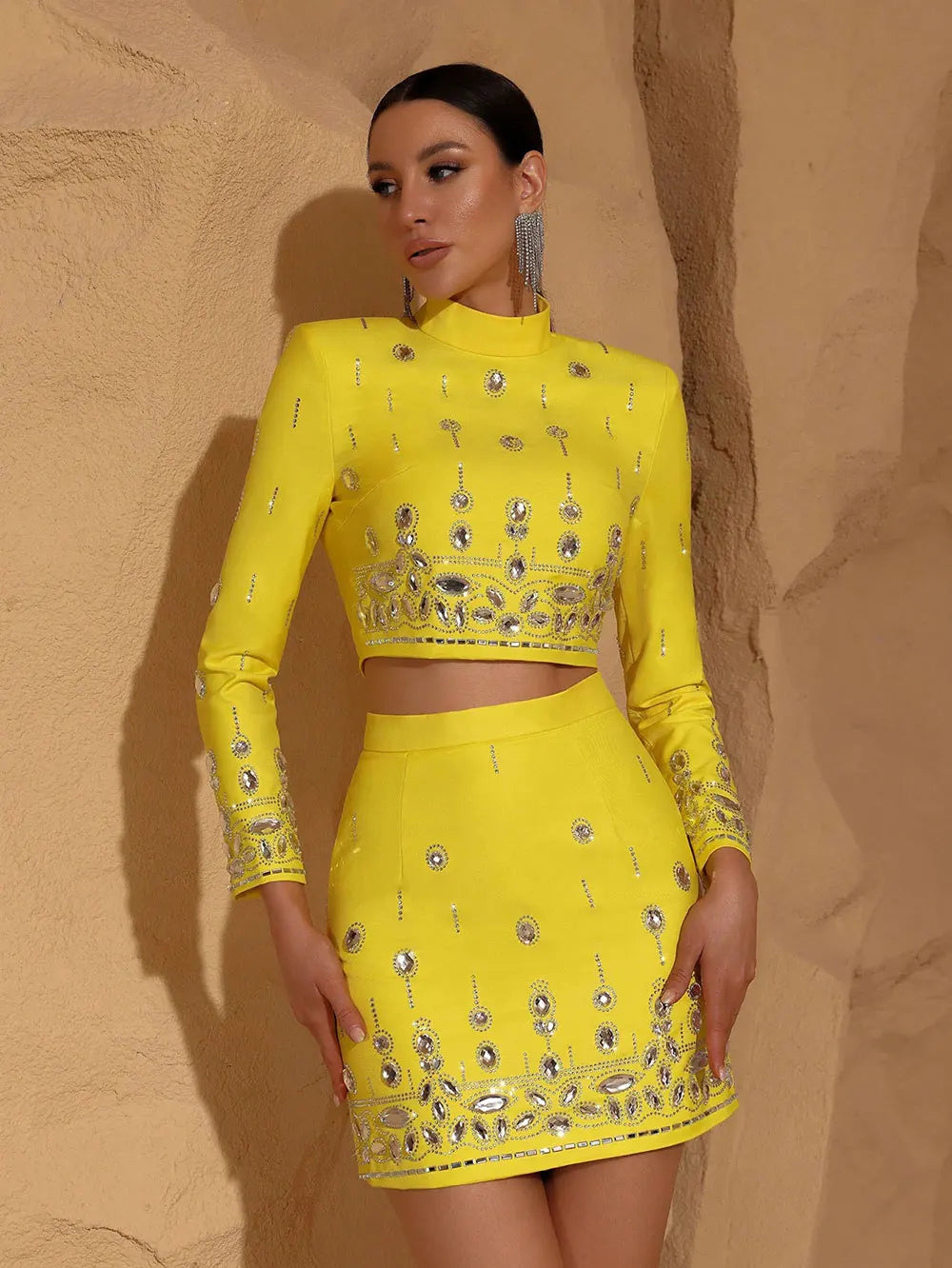 Women Heavy Industry Hot diamond Suit Short Skirt Set with Stand Collar Long Sleeve Hoodie Short Top+Mini Skirt Two Piece Set Yellow
