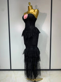Luxury Sexy Lace Halter Flower Ruffles Long Dress Women Black Sleeveless Backless Bodycon Dresses Evening Party Birthday Dress