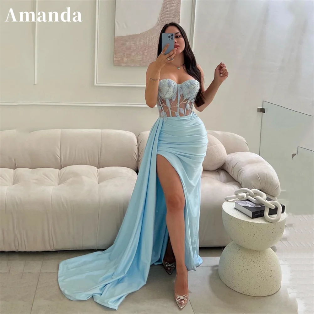 Amanda Sexy Strapless Mermaid Evening Dress Side Split Fishtail Party Dress 2024 Baby Blue Lace Embroidery فساتين مناسبة رسمية