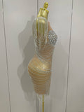 Sparkly Diamonds Crystal Sexy Mesh See Through Mini Dress Women Birthday Party Club Celebrate Stage Performance Costume