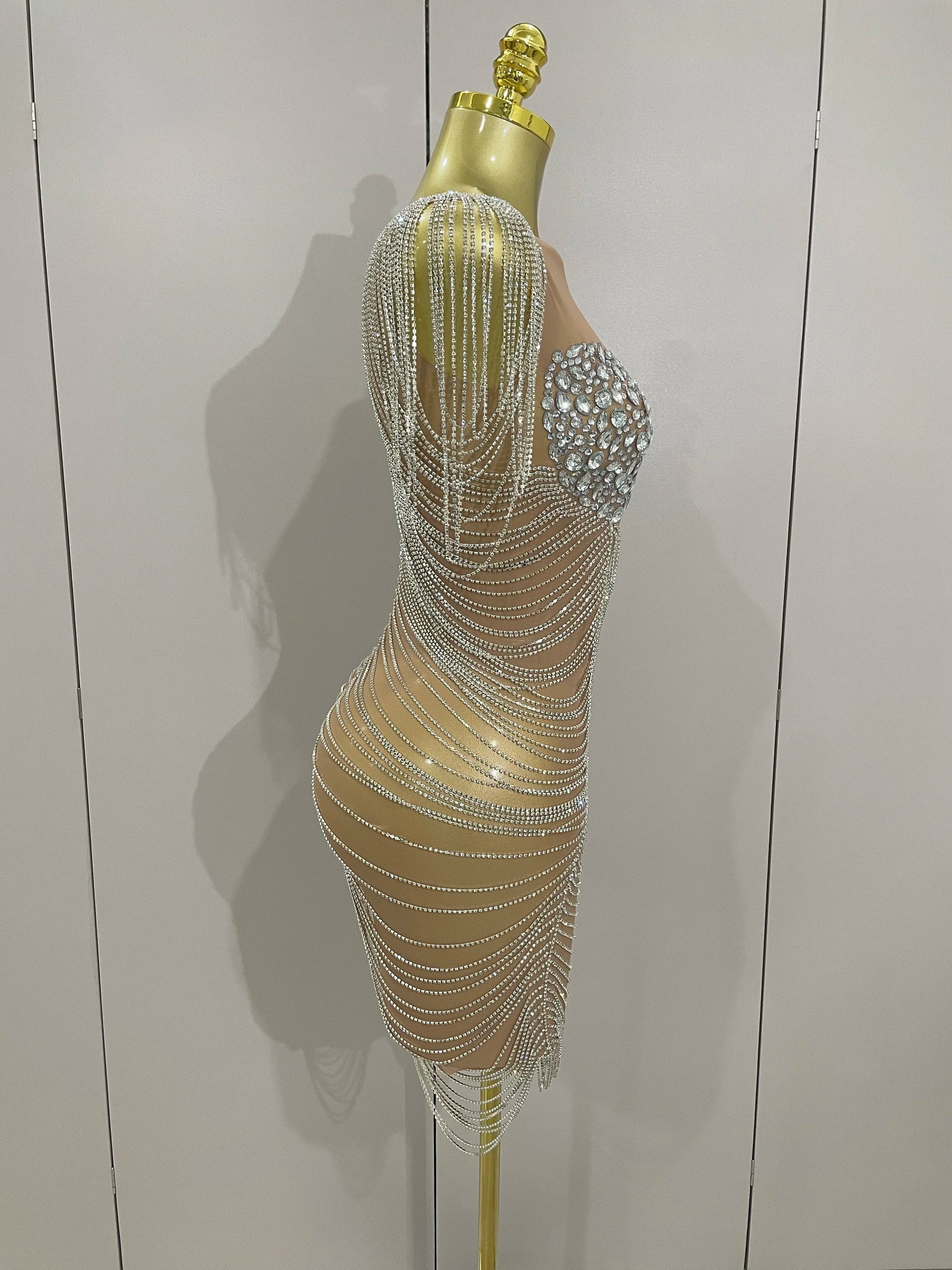 Sparkly Diamonds Crystal Sexy Mesh See Through Mini Dress Women Birthday Party Club Celebrate Stage Performance Costume