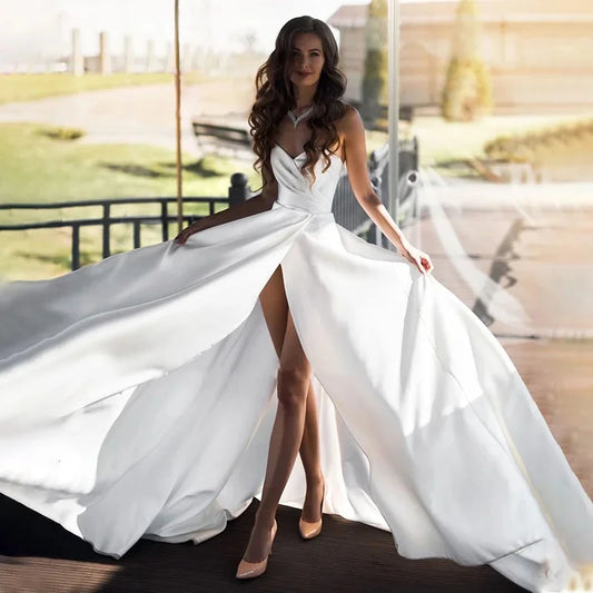 Popular Sweetheart Neck A-Line Wedding Dresses Sleeveless Sweep Train Bridal Gowns Custom Made Robe De ElegantVestido De Novia Ivory