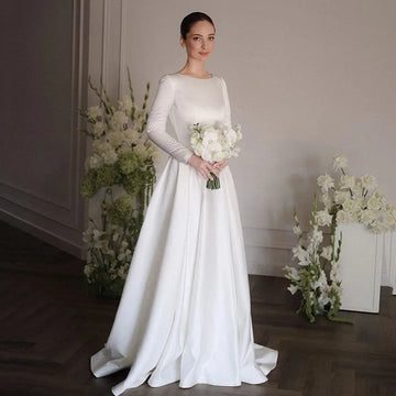 White Satin A-Line Long Wedding Dress with O-Neck and Long Sleeves
