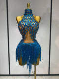 Women Sexy Sequins Rhinestone Glitter Two Pieces Sets Luxury Birthday Evening Party Nightclub Hotwife Singer Stage Outfit Blue