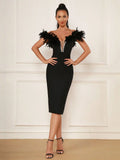 Spring Sexy Women's Light Luxury Feather Design Bandage Dress One Collar Shoulder Bodycon Bareback Dresses Party Vestidos black