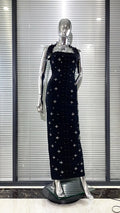 Women Sexy Halter Off the Shoulder Beading Rhinestones Bodycon Long Bandage Dress Evening Party Cocktail Vestido black