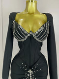 Sexy Luxury Sparkly Beading Bandage Long Sleeve Bodycon Dress Women Celebrity Party Elegant Evening Club Pary Dresses