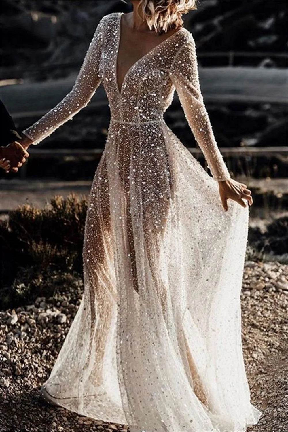 White Glitter Prom Dresses V-neck A-line Wedding Dress Elegant Long Sleeves Floor-Length Backless Vestidos De Fiesta