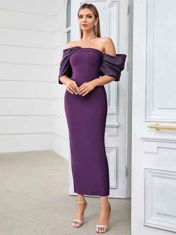 Sexy Women'S Bandage Dresses Strapless Raglan Sleeves Bodycon Backless Midi Dress Celebrity Evening Club Party Vestitos PURPLE