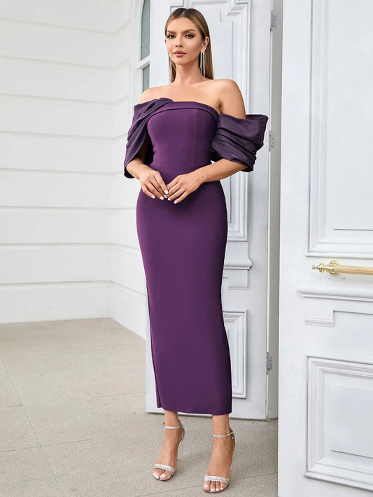 Sexy Women'S Bandage Dresses Strapless Raglan Sleeves Bodycon Backless Midi Dress Celebrity Evening Club Party Vestitos PURPLE