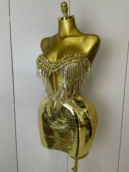Sparkly Gold Rhinstones tassels Top Skirt Two-piec Set Women Sexy Strapless Designer Nightclub Evening Party Stage Outfit