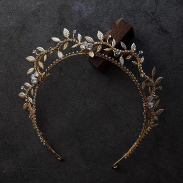 Vintage Gold Color Headband Headpiece Leaf Tiara Crown For Bride Women Crystal Headdress Wedding Accessories Bridal Hair Jewelry a