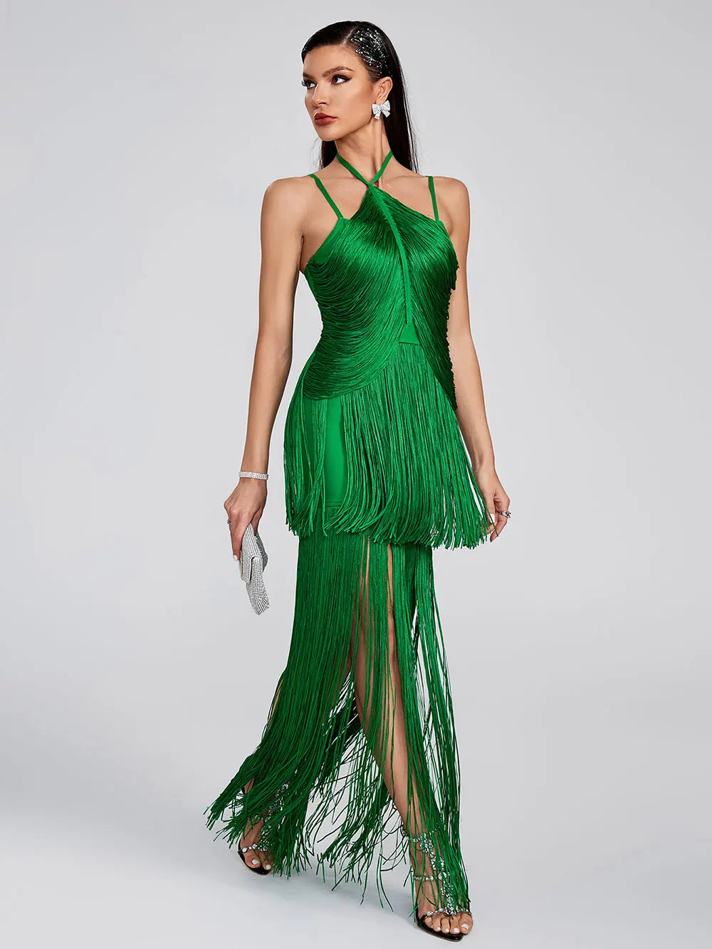 Women Tassel Design Bandage Long Dress Hanging Neck Sleeveless Bodycon Backless Dress Celebrity Evening Club Party Vestidos