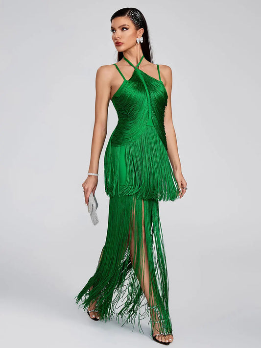 Women Tassel Design Bandage Long Dress Hanging Neck Sleeveless Bodycon Backless Dress Celebrity Evening Club Party Vestidos