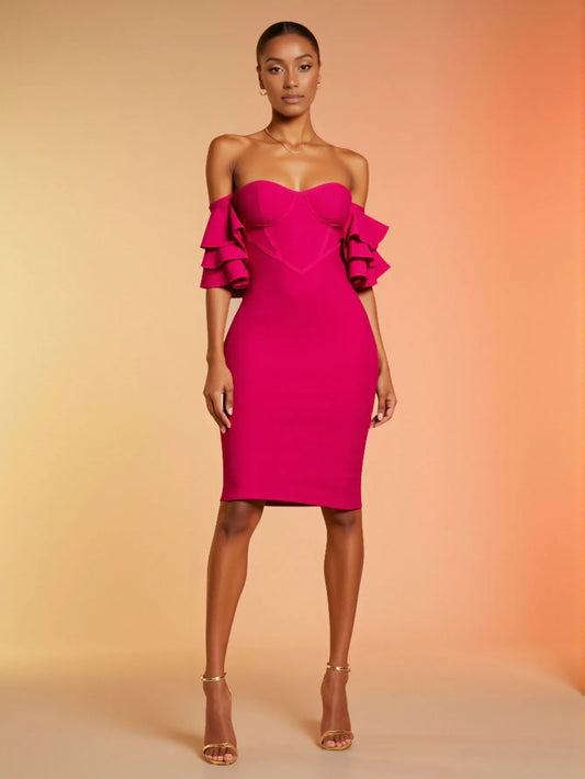 Rosered Color Women Sexy Strapless Ruffles Bodycon Mini Bandage Dress Celebrate Nightclub Party Birthday Vacation Outfit