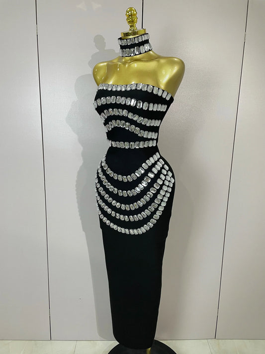 Women Sexy Backless Strapless Black Beading Long Bandage Bodycon Dress Celebrity Elegant Evening Luxury Birthday Dresses