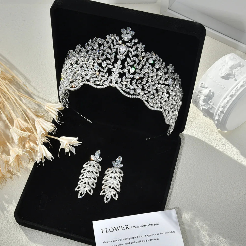 Bridal Hair Jewelry Big Large Zircon Tiaras and Crowns CZ Headpiece For Brides Diadem Crystal Earrings Set Wedding Accessories c