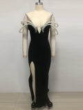 Women Sexy Black Pearl bead Maxi Long Bodycon Bandage Dress Celebrity Elegant Evening Club Party Luxury Birthday Gowns