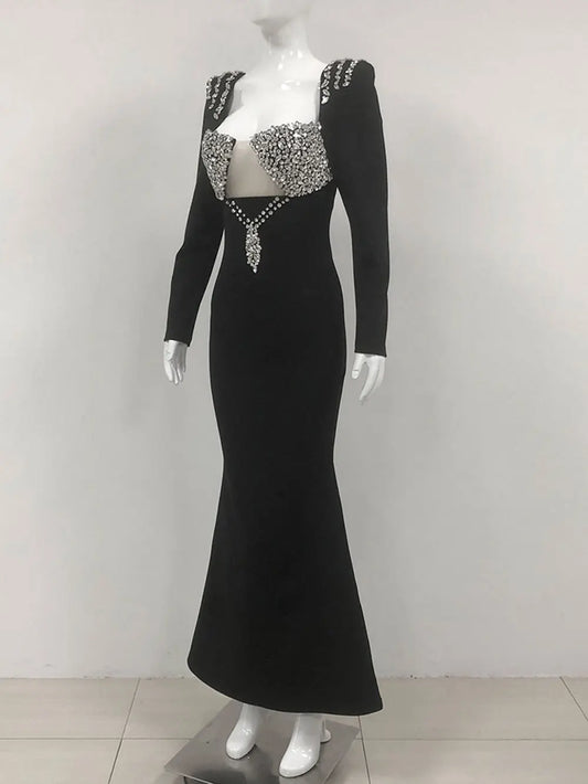 Elegant Light Luxury Nail Diamond Tail Dress Women Long Sleeve Bodycon Bandage Dress Celebrity Evening Party Long Dress Vestidos