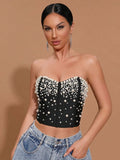 Spring Sexy Women Light Luxury Nail Bead Design Bandage Tank Top Strapless Sleeveless Backless Hooded Ultra Short Tank Top black