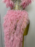 Women Pink Ruffles Sexy Strapless Mini Tops 2 PCS Set Dress Nightclub Bar Birthday Party Evening Stage Performance Costume