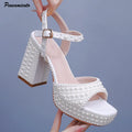 Luxury Handmade Full Pearls Thick Heeled Women Gladiator Sandals Fashion Summer Platform Wedges High heels Chunky Sandals Shoes