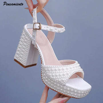 Luxury Handmade Full Pearls Thick Heeled Women Gladiator Sandals Fashion Summer Platform Wedges High heels Chunky Sandals Shoes
