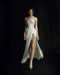 Black White Color Women Sexy Strapless Shinning Crystal Bodycon Long Bandage Dress Elegant Evening Party Celebrate Outfit