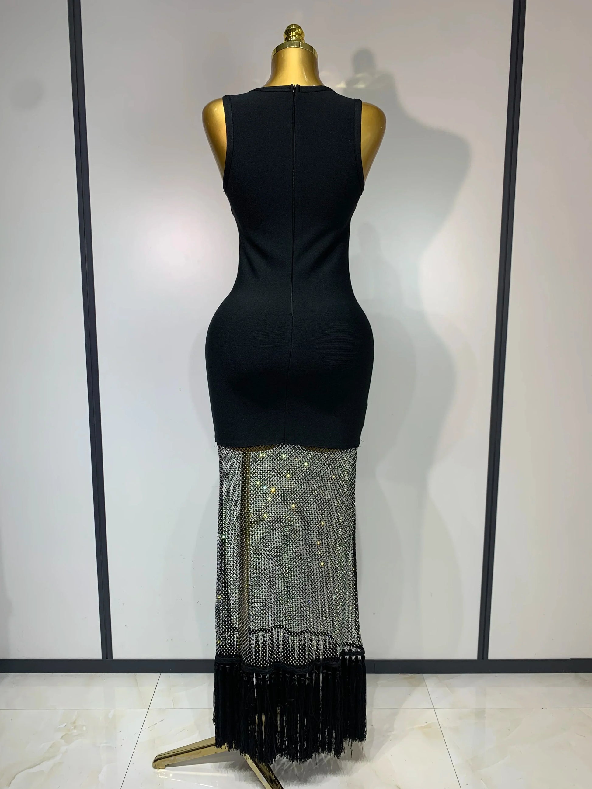 Fashion Black Sleeveless Sparkly Diamonds Tassel Bandage Dress Celebrity Cocktail Evening Party Luxury Birthday Gown