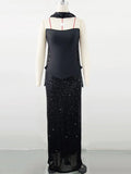 Elegant Women's Light Luxury Dress+Strapless Sleeveless Bodycon Patchwork Long Dress Cocktail Evening Party Vestidos black