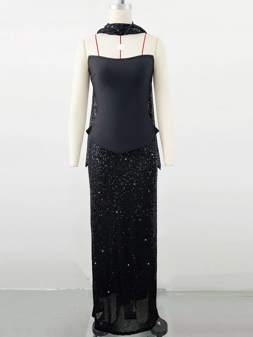 Elegant Women's Light Luxury Dress+Strapless Sleeveless Bodycon Patchwork Long Dress Cocktail Evening Party Vestidos black