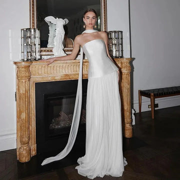 Elegant White A-Line Strapless Wedding Dress Boho Princess Bridal Gown in Luxurious Fabric White