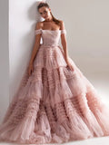 Light Pink Ball Gown Evening Dress Sweet Tulle Sweep Train Prom Dress Off Shoulder Party Dress فساتين مناسبة رسمية As Picture